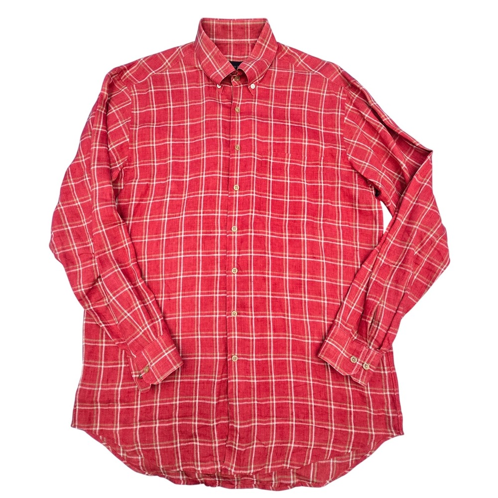 Scott Barber Mens Large Red Windowpane Plaid 100% Linen Button Down Shirt L - Picture 2 of 5